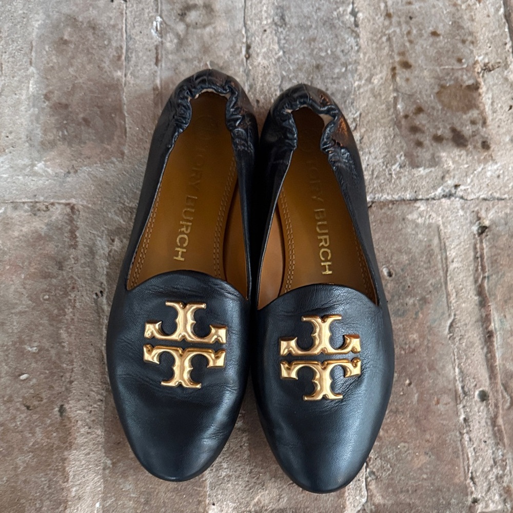 Tory Burch Black Leather Flats with Gold Logo